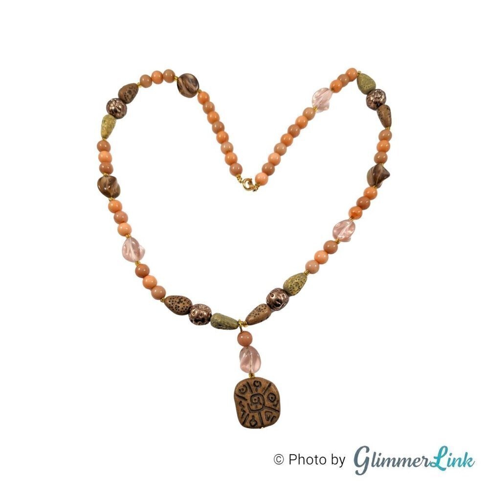 Vintage Bohemian Beaded Necklace Brown Tribal Style Petroglyph Pendant